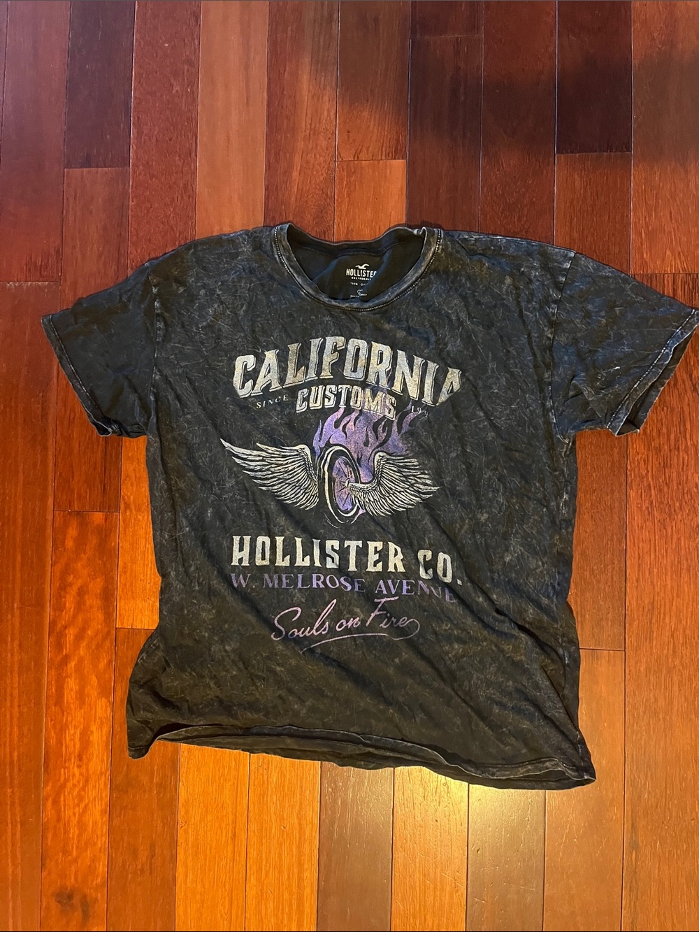 Hollister Oversized Black Mineral Wash Graphic Tee with Purple Accent